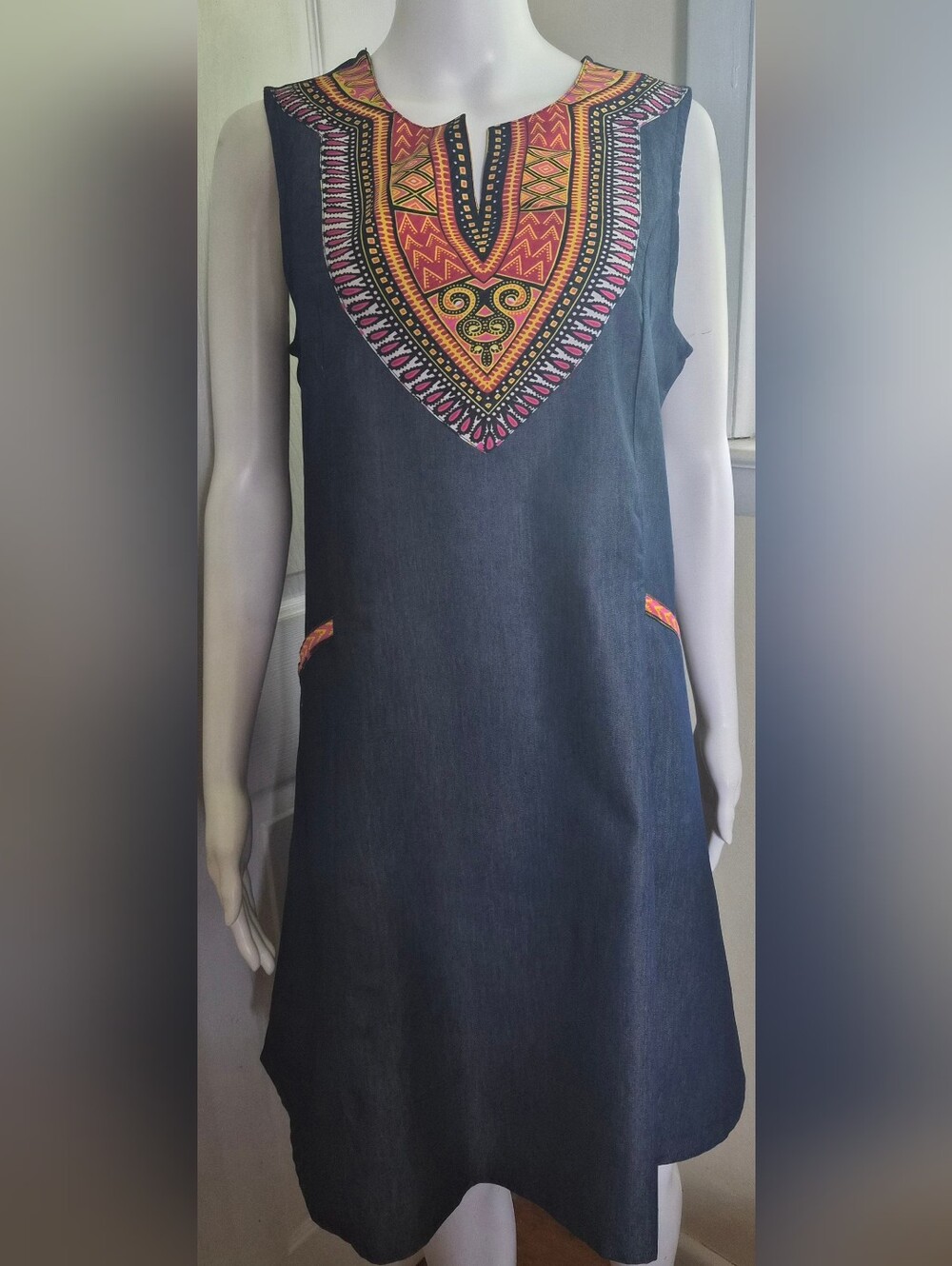 Lapogee Blue Denim Dashiki Shift Dress with Pockets